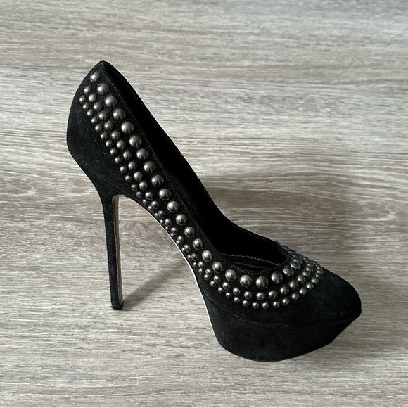 Sergio Rossi Black Suede Silver Studded Platform Pumps - Picture 2 of 13